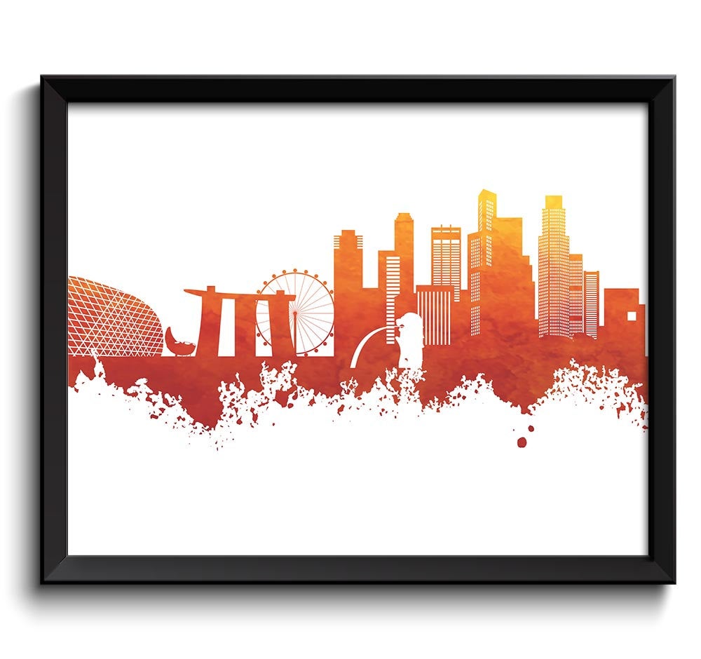 Singapore Skyline Painting Poster Print Red Yellow Wall Decor Singapore Wall Art Asia City Map Home 