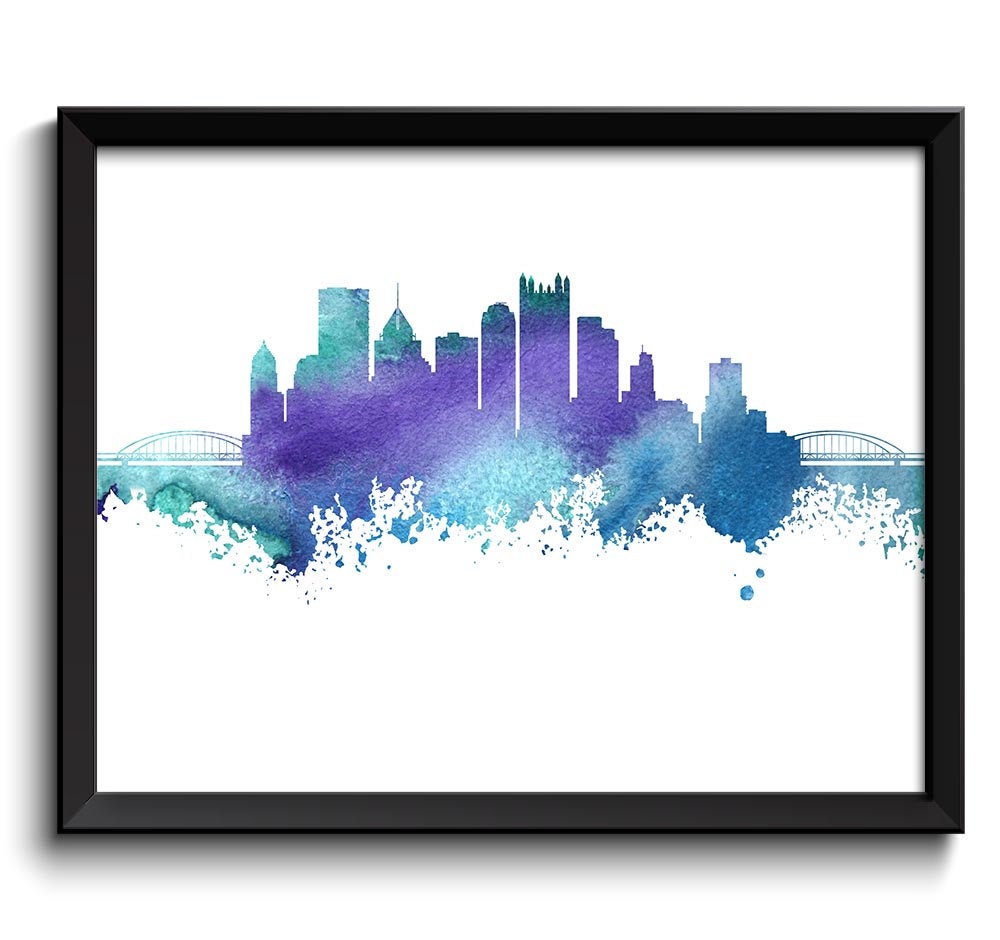 Pittsburgh Skyline Pennsylvania City Turquoise Blue Teal Purple Watercolor Cityscape Poster Print La