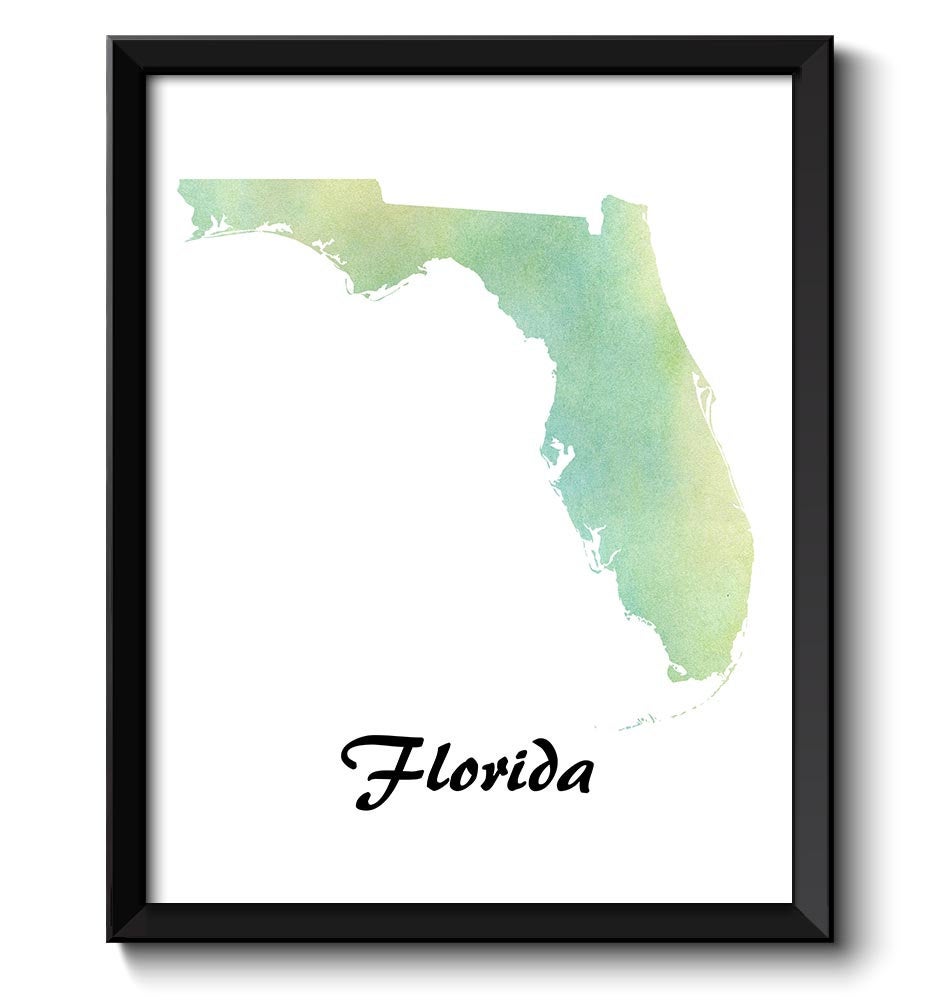 Yellow Mint Green Florida Map State Watercolor Painting Poster Print USA United States Modern Abstra