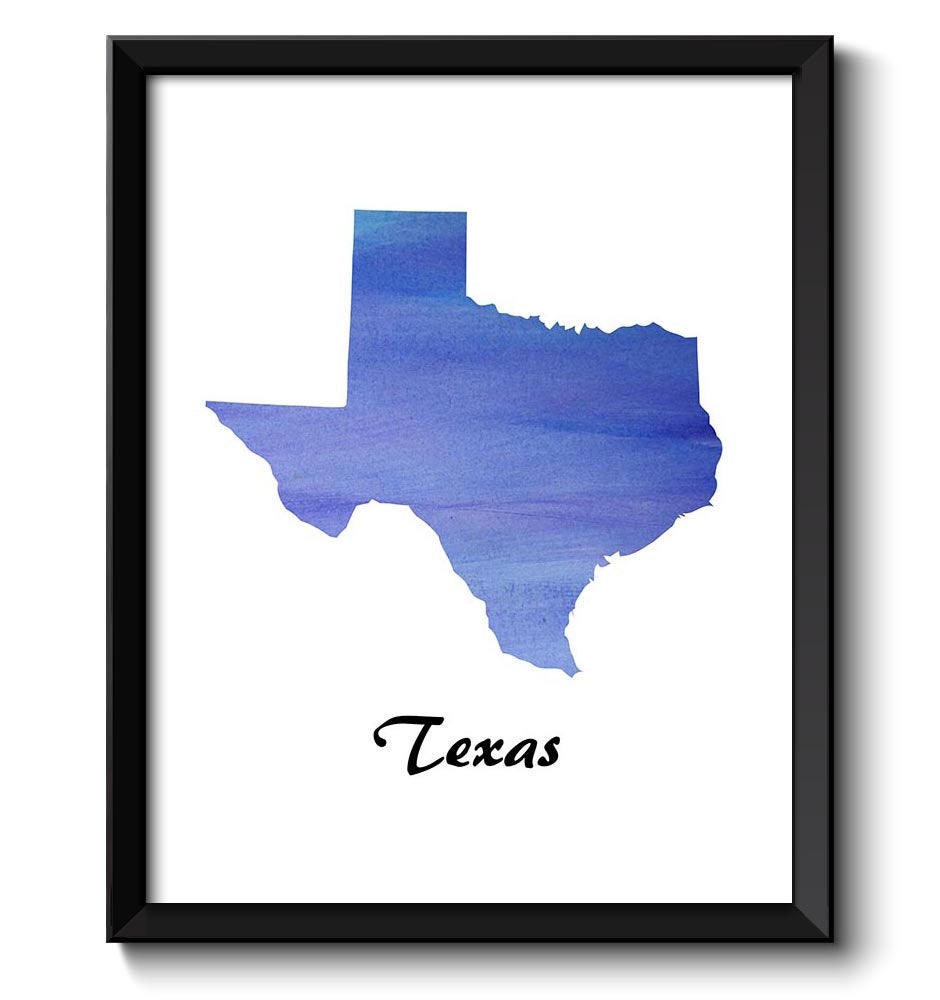 Royal Blue Texas Map State Watercolor Painting Poster Print USA United States Modern Abstract Landsc