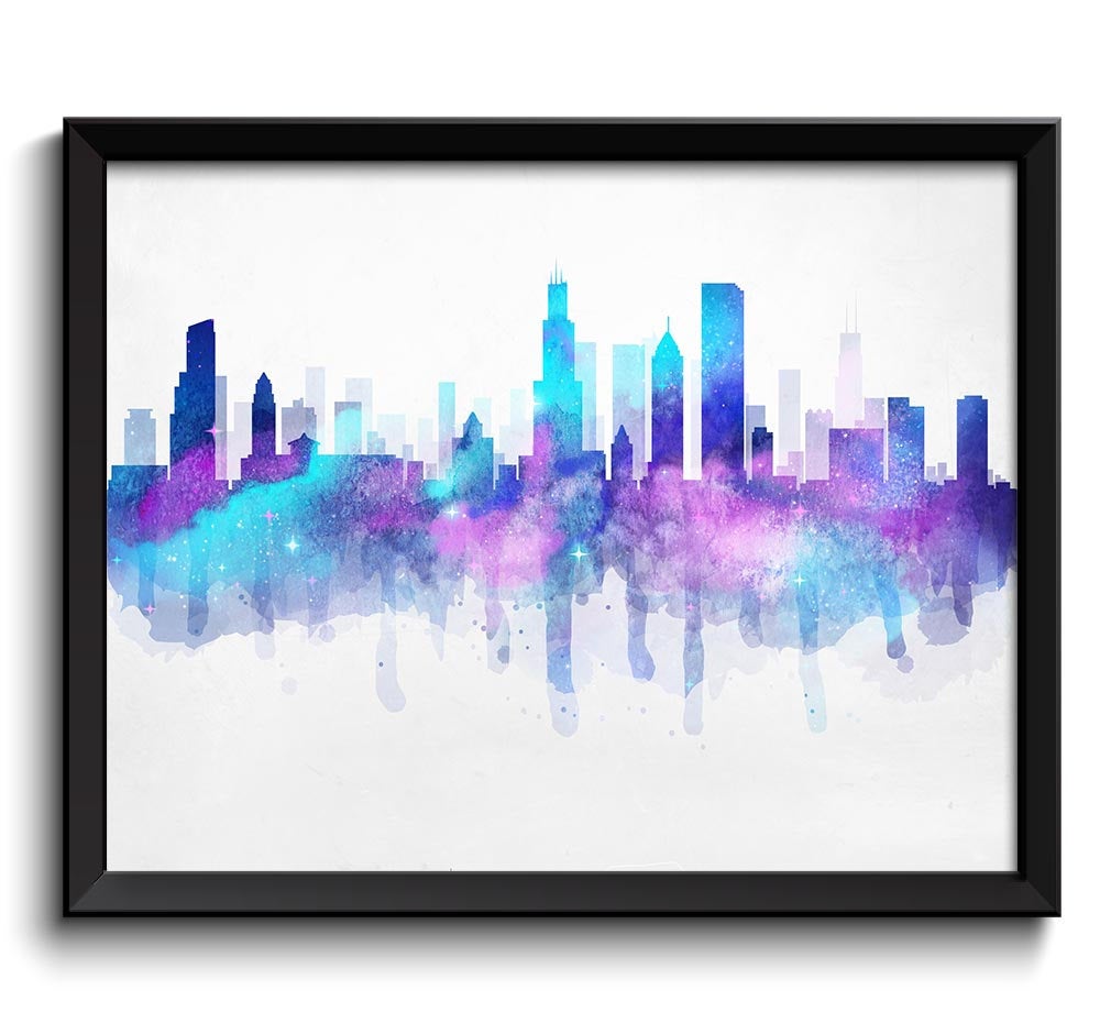 Chicago Turquoise Blue Aqua Purple Skyline Illinois USA United States Cityscape Art Print Poster Wat