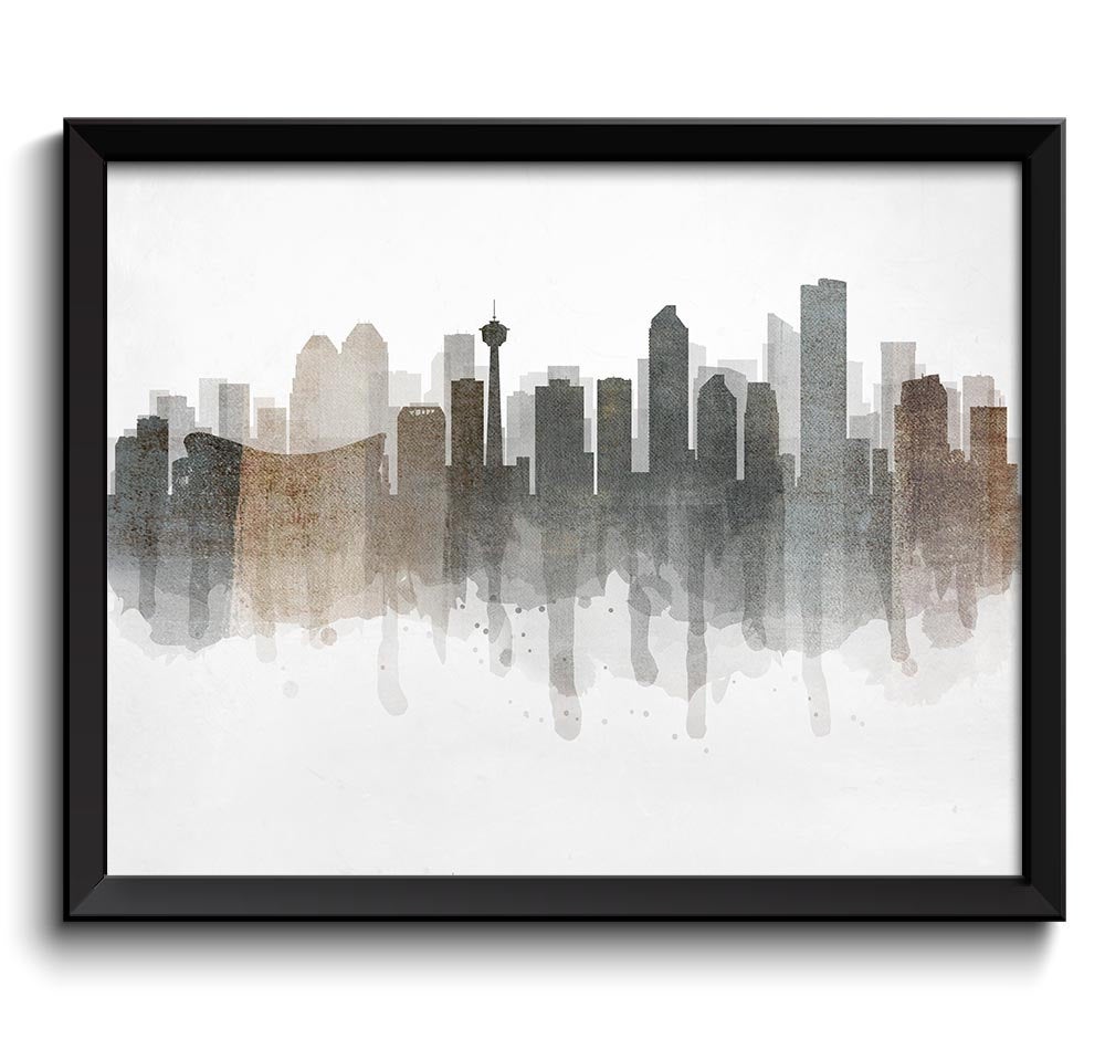 Calgary Grey Black Brown Beige Skyline Alberta Canada Cityscape Art Print Poster Watercolor Painting