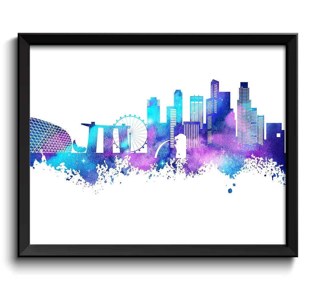 Singapore Skyline Painting Poster Print Navy Blue Turquoise Purple Wall Decor Wall Art Asia City Map