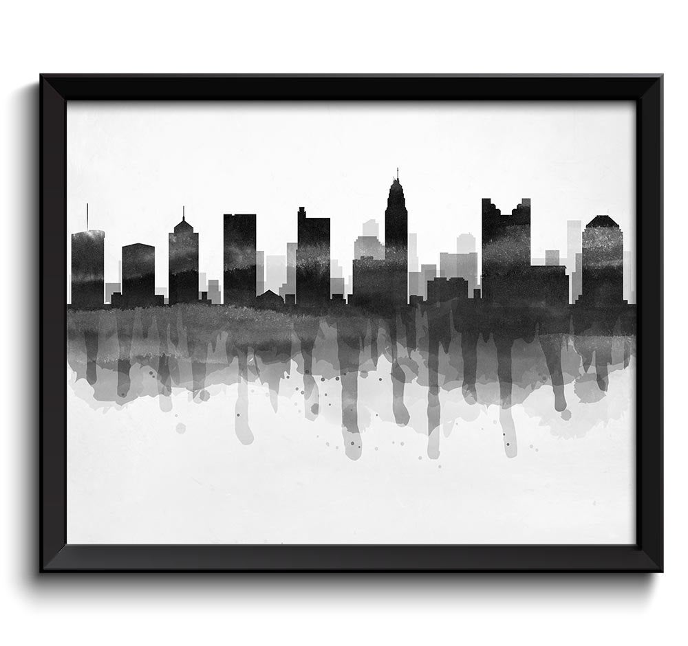 Columbus Black White Grey Skyline Ohio USA United States Cityscape Art Print Poster Watercolor Paint