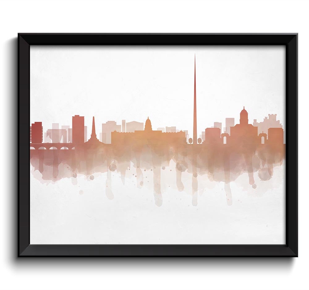 Peach Coral Dublin Skyline Ireland Europe Cityscape Art Print Poster Watercolor Painting