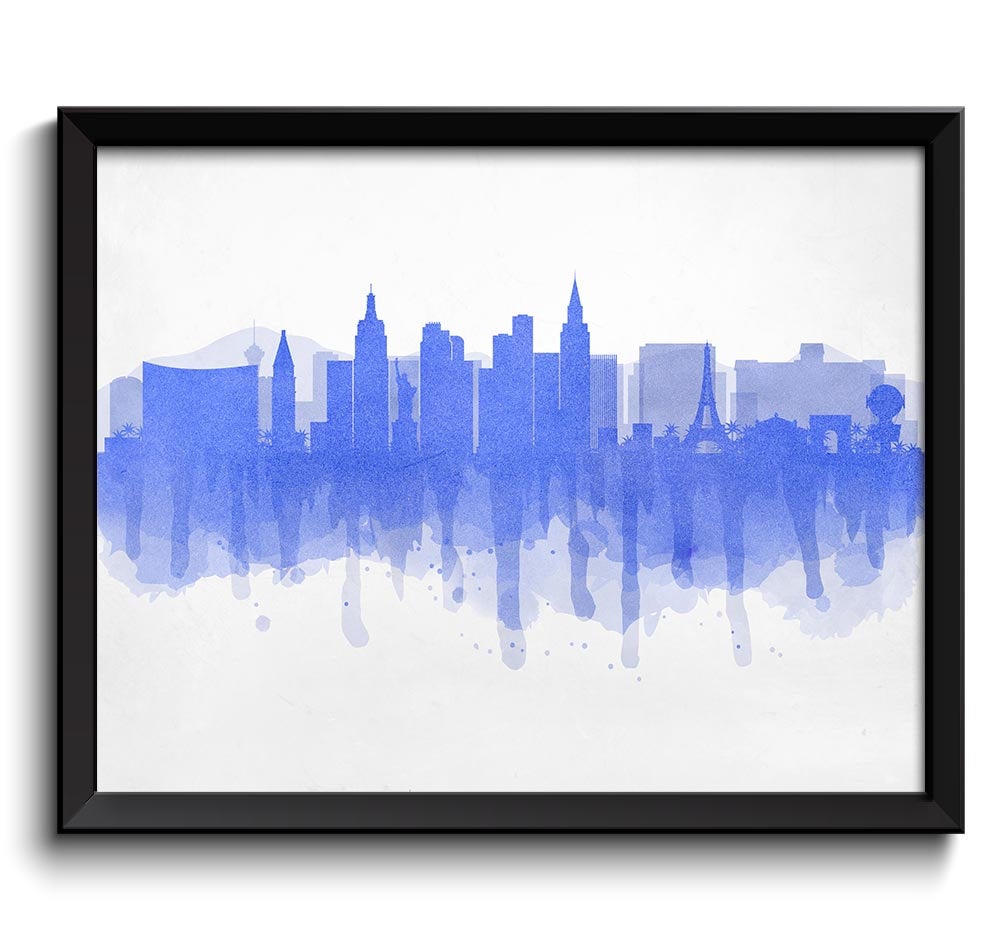 Blue Las Vegas Skyline Nevada USA United States Cityscape Art Print Poster Watercolor Painting Home 