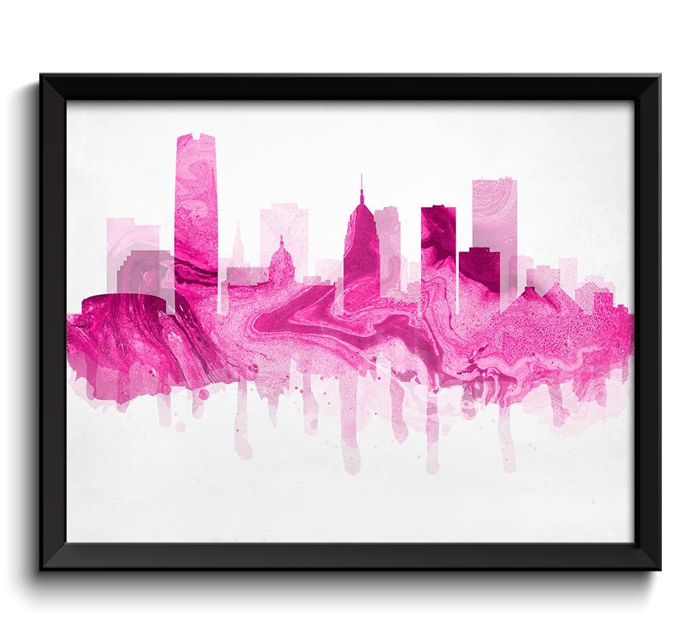 Oklahoma City Pink Raspberry Skyline Oklahoma USA United States Cityscape Art Print Poster Watercolo