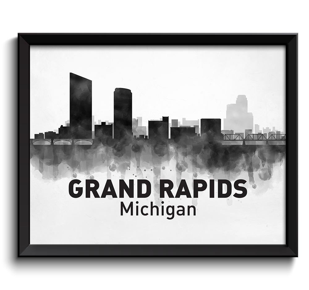 Michigan Black White Grey Grand Rapids Skyline USA United States Cityscape Art Print Poster Watercol