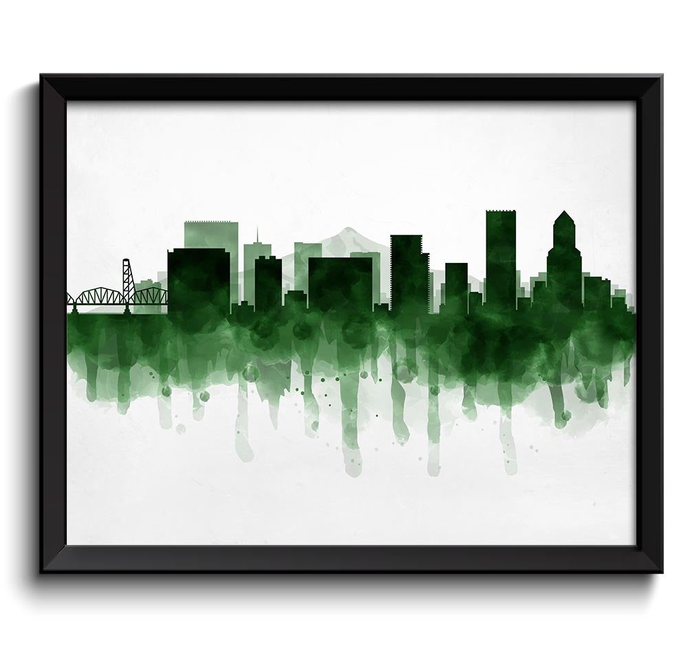 Portland Dark Emerald Green Skyline Oregon USA United States Cityscape Art Print Poster Watercolor P