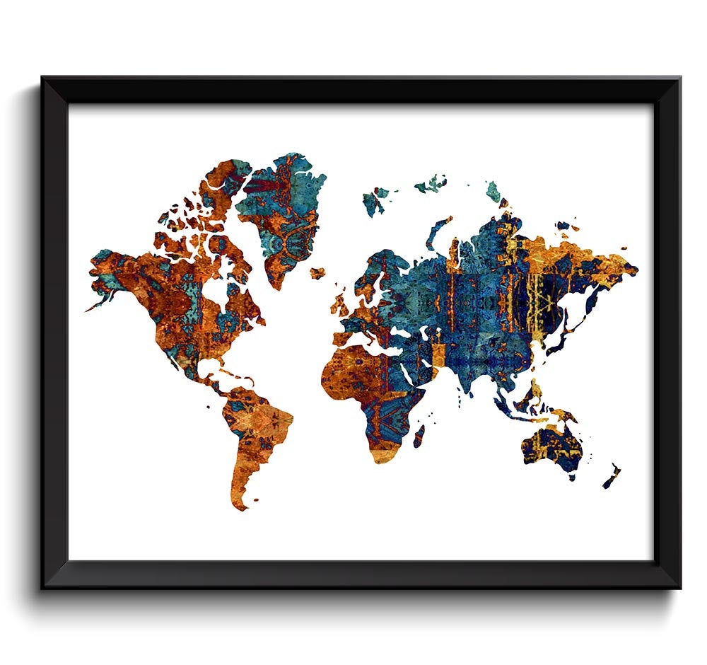 World Map Print Blue Brown Beige Gold Watercolor Poster Print Globe Modern Abstract Landscape Art Pa