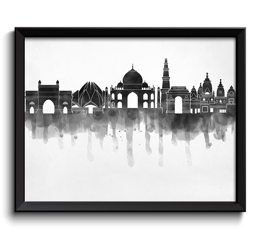 Delhi Black White Grey Skyline India Cityscape Art Print Poster Watercolor Painting