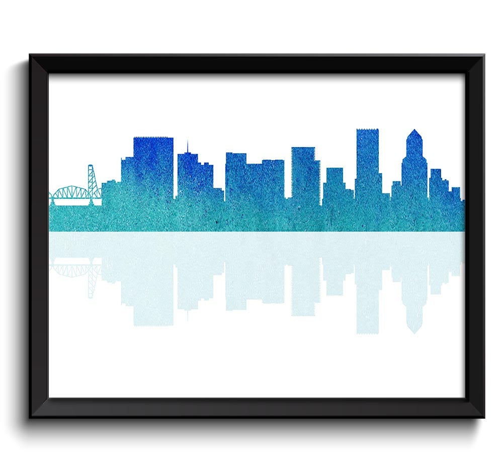 Portland Skyline Oregon City Blue Teal Turquoise Watercolor Cityscape Poster Portland Print Abstract