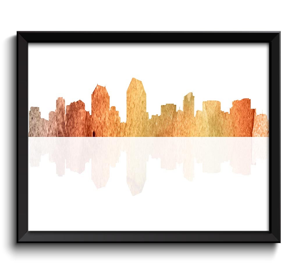 San Diego Skyline San Diego California San Diego Wall Art Print San Diego Poster Red Green Yellow Br