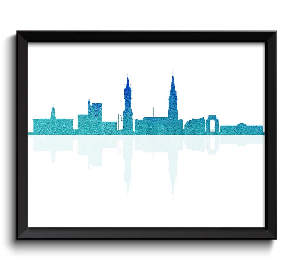 Teal Blue Turquoise Leicester Skyline England Europe Cityscape Art Print Poster Watercolor Painting