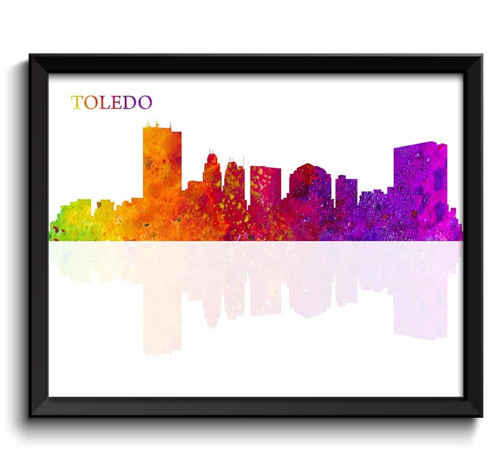 Toledo Skyline Pink Purple Red Yellow Green Ohio USA United States Watercolor Art Poster Print Wall 