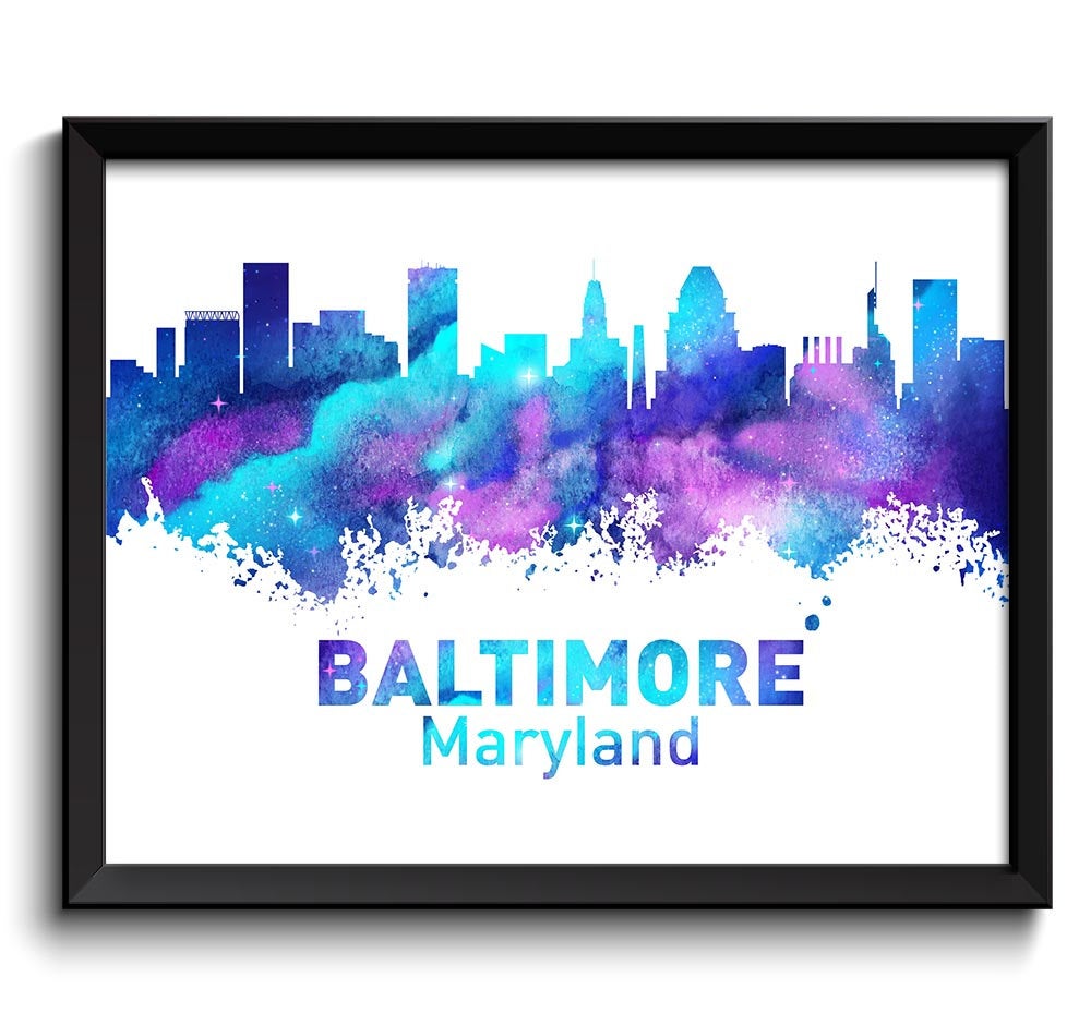 Baltimore Skyline Maryland City Turquoise Blue Aqua Purple Watercolor Cityscape Poster Print Modern 