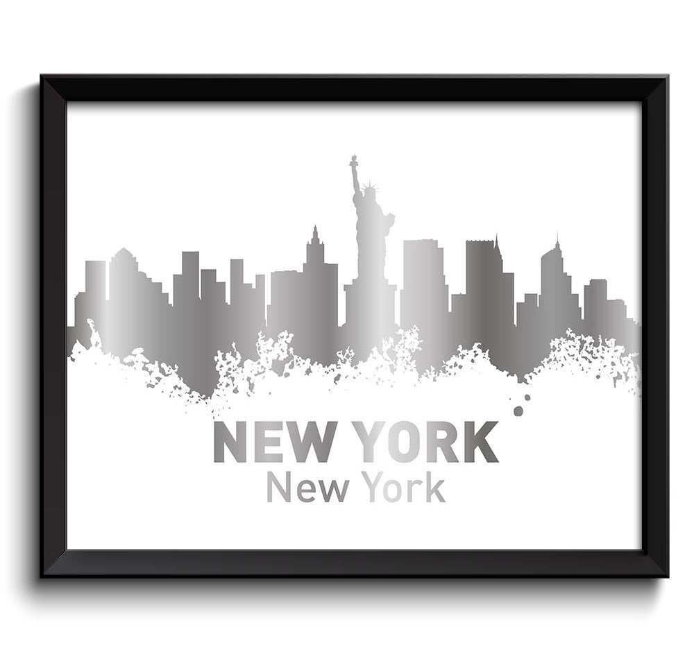 New York City Skyline White Shinny Metallic Silver Look Grey Gray Watercolor Cityscape Poster Print 