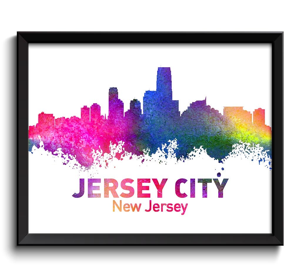 Jersey City Skyline New Jersey Colorful Watercolor Cityscape Poster Print Landscape Art Painting Blu