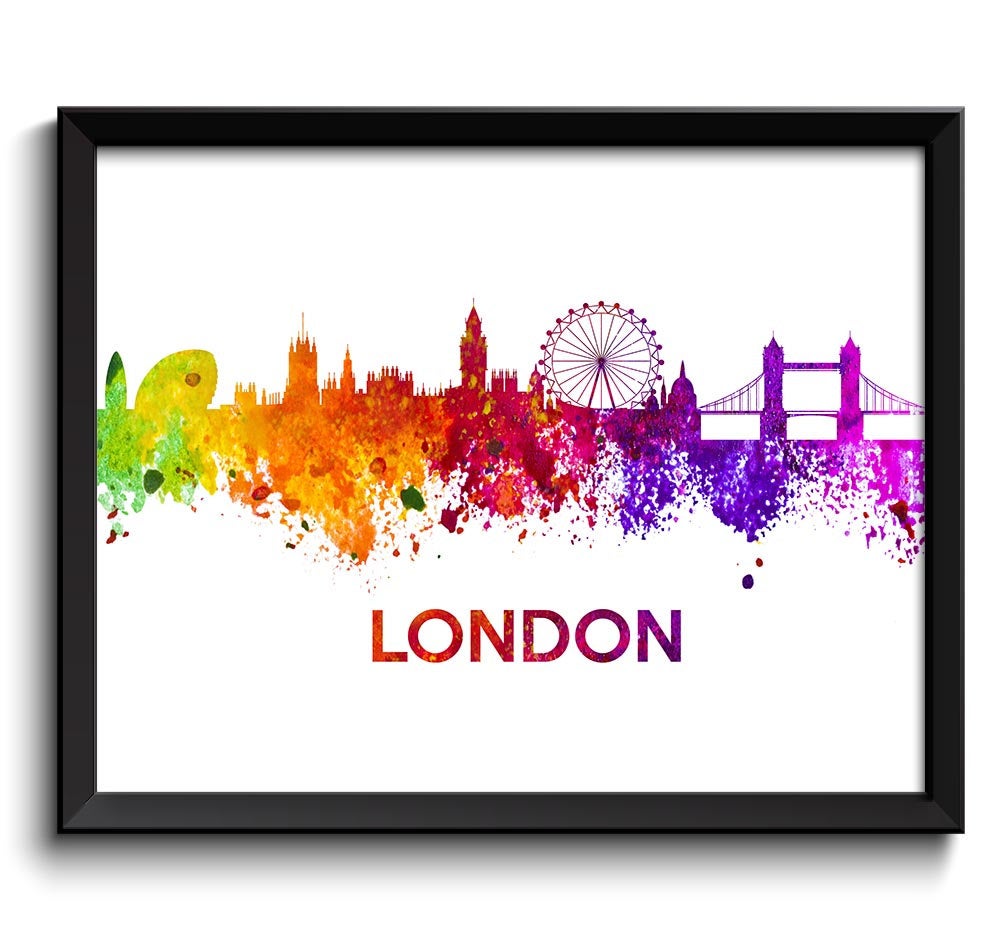 London Skyline Colorful Rainbow England Watercolor Cityscape Poster Print Landscape Art Painting Red