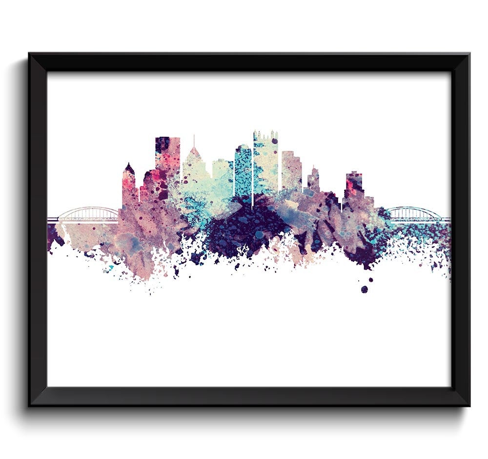 Pittsburgh Skyline Pennsylvania City Blue Purple Pink Watercolor Cityscape Poster Print Modern Lands