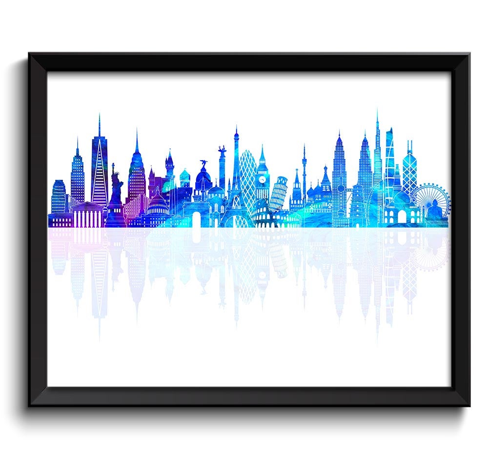 World Skyline Purple Aqua Blue Turquoise Watercolor Painting Cityscape Famous Landmarks World Poster