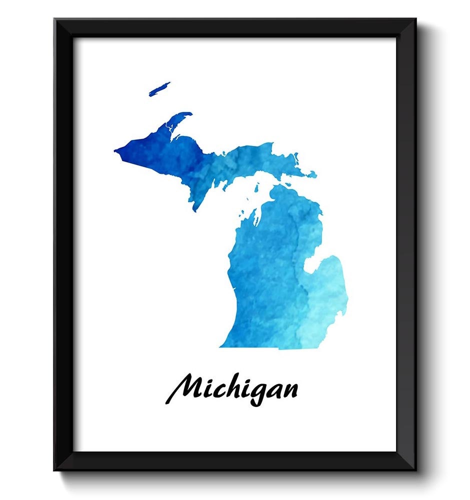 Navy Blue Turquoise Aqua Michigan Map State Watercolor Painting Poster Print USA United States Abstr