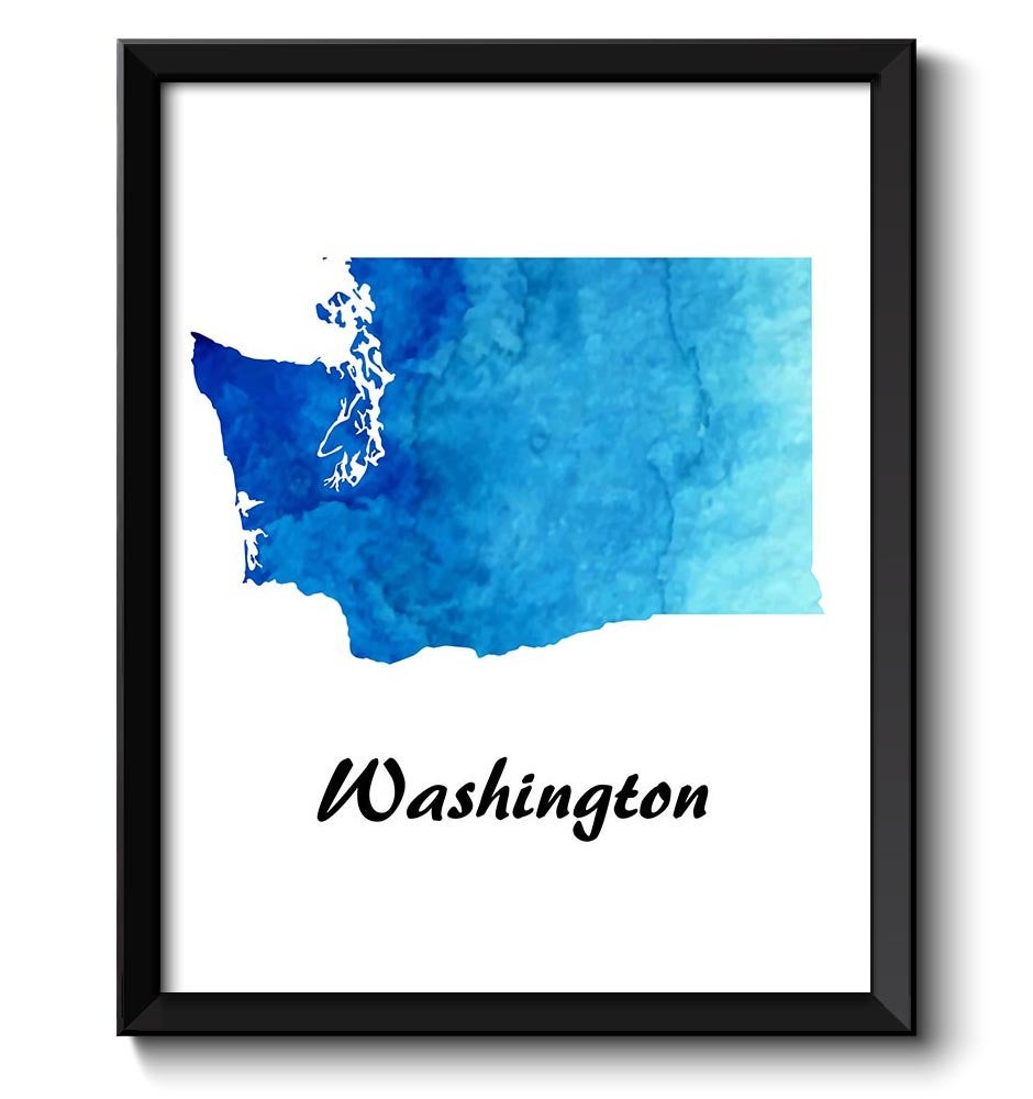 Turquoise Blue Aqua Washington Map State Watercolor Painting Poster Print USA United States Modern A