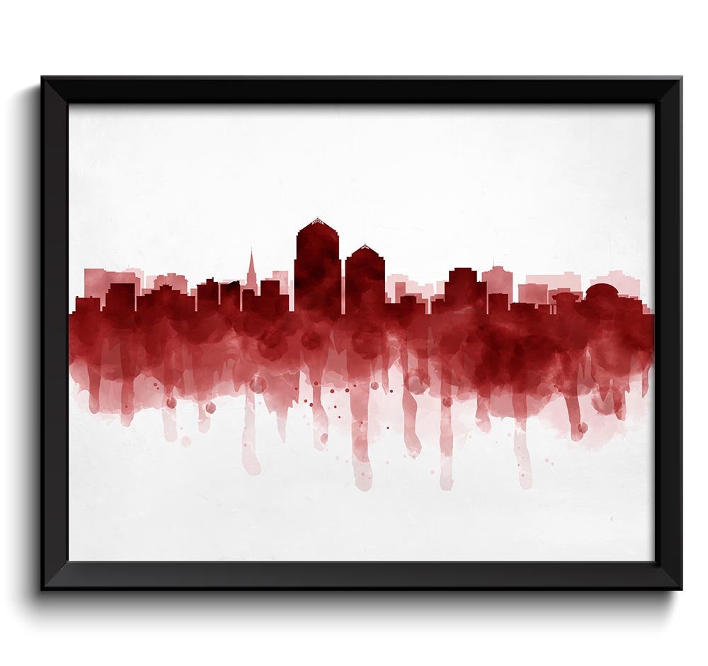 New Mexico Deep Red Albuquerque Skyline USA United States Cityscape Art Print Poster Watercolor Pain