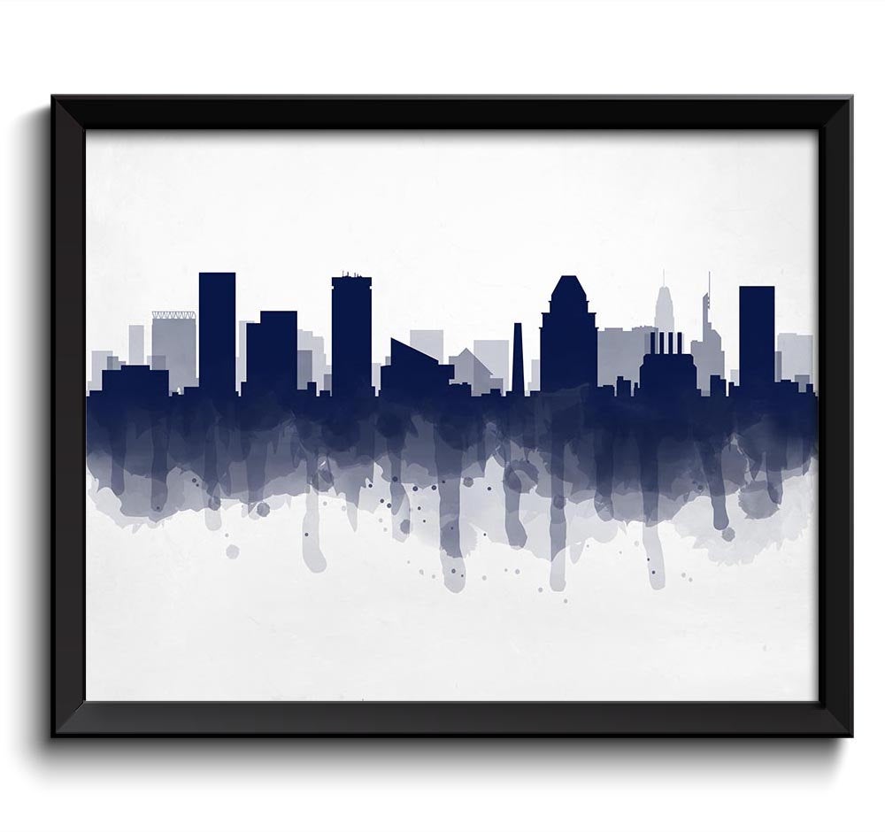 Maryland Navy Blue Baltimore Skyline USA United States Cityscape Art Print Poster Watercolor Paintin