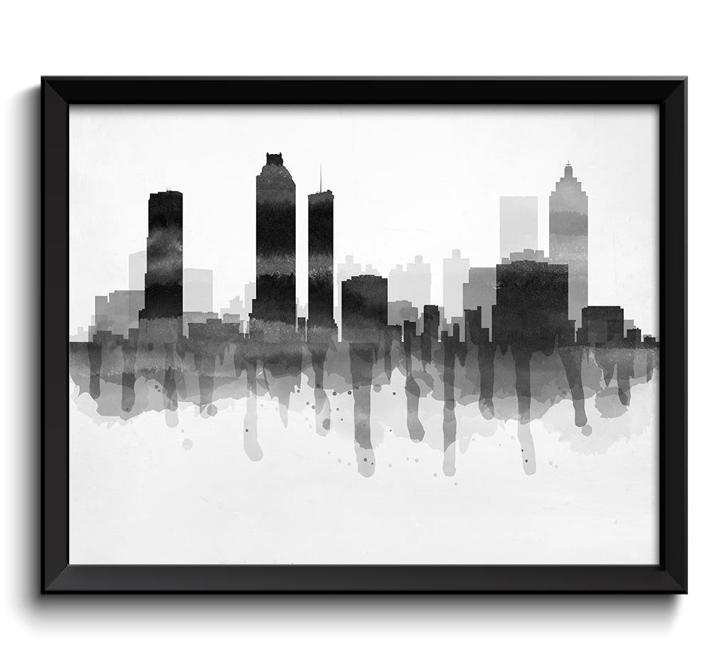 Atlanta Black White Grey Skyline Georgia USA United States Cityscape Art Print Poster Watercolor Pai