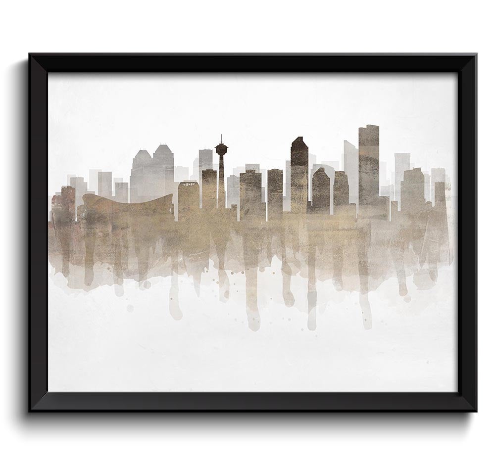 Calgary Brown Beige Grey Skyline Alberta Canada Cityscape Art Print Poster Watercolor Painting