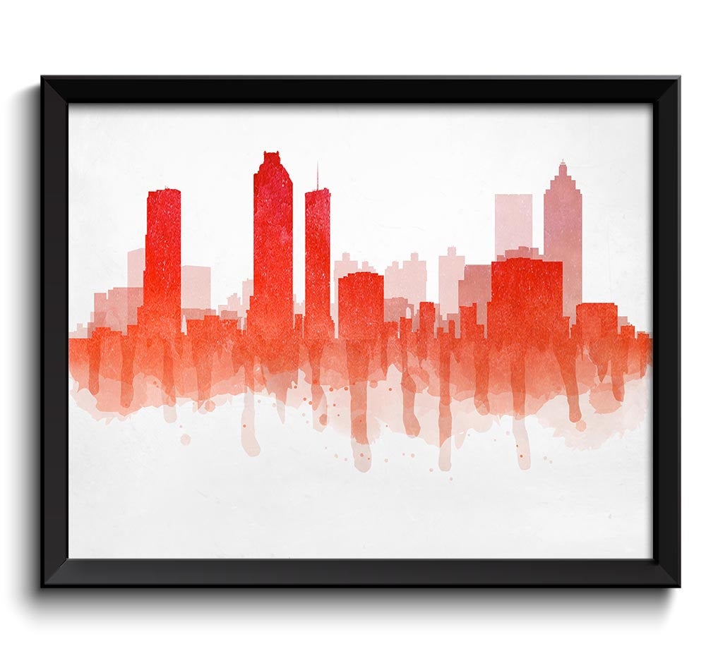 Atlanta Orange Red Coral Skyline Georgia USA United States Cityscape Art Print Poster Watercolor Pai