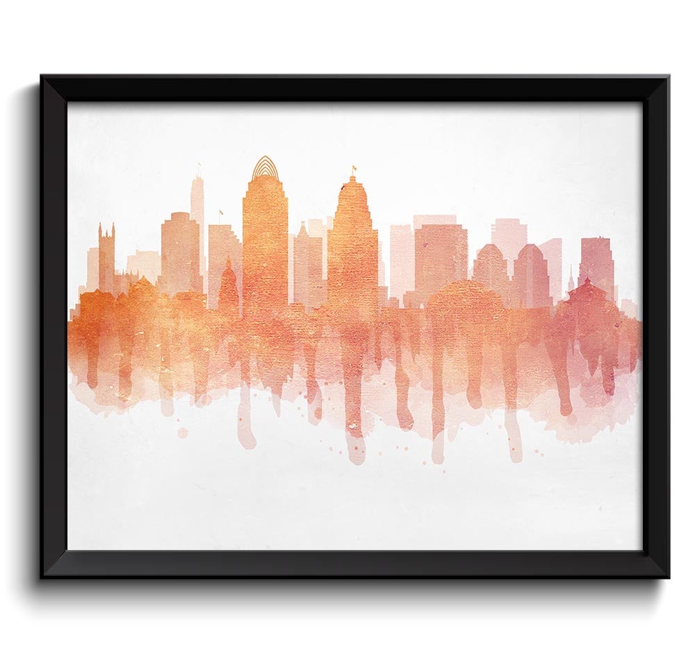 Cincinnati Orange Peach Pink Coral Skyline Ohio USA United States Modern Cityscape Art Print Poster 