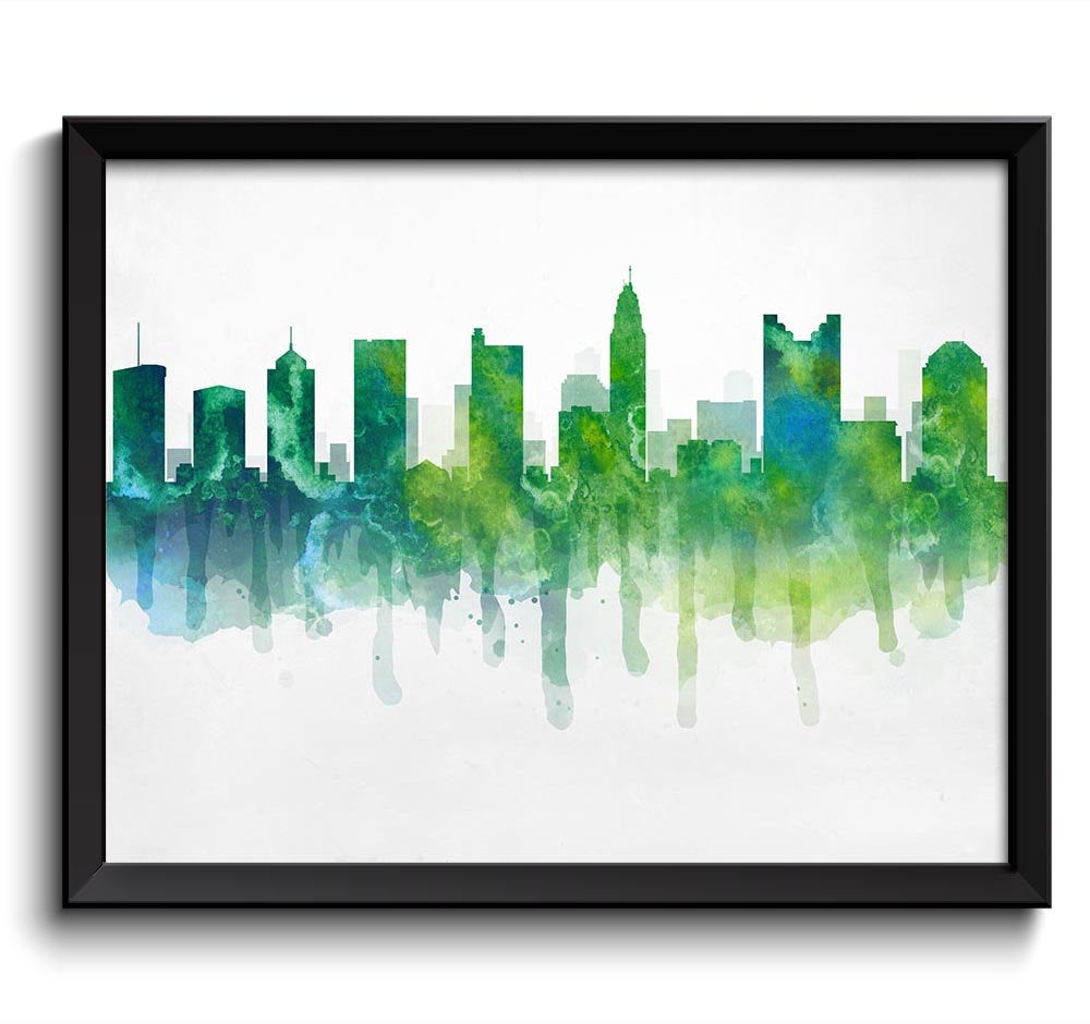 Columbus Turquoise Blue Lime Green Skyline Ohio USA United States Cityscape Art Print Poster Waterco