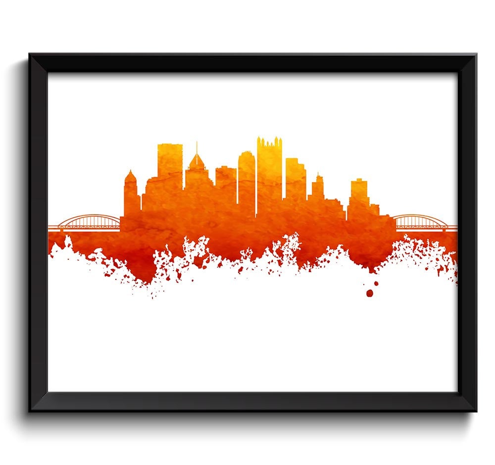 Pittsburgh Skyline Pennsylvania City Yellow Orange Red Watercolor Cityscape Poster Print Abstract La