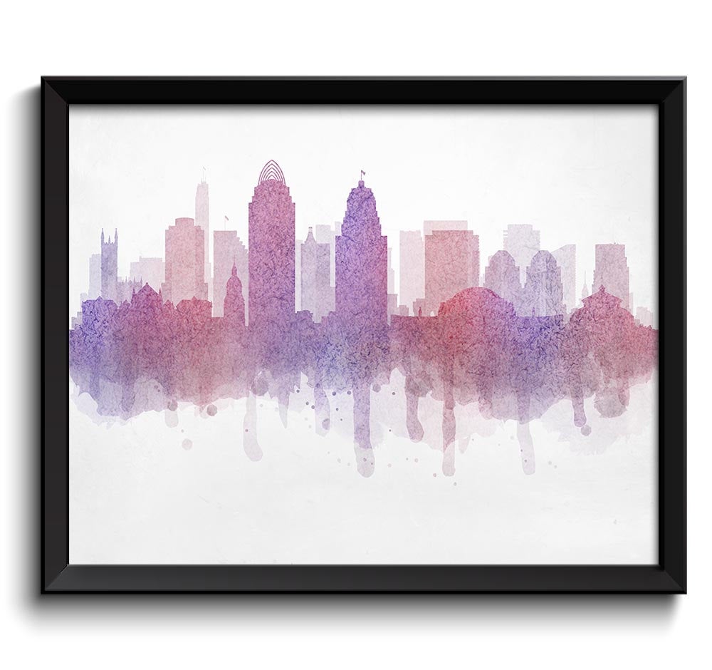 Cincinnati Purple Pink Skyline Ohio USA United States Modern Cityscape Art Print Poster Watercolor P