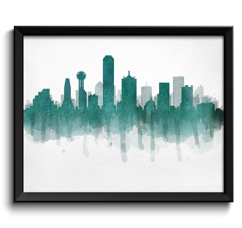 Dallas Green Teal Skyline Texas USA United States Cityscape Art Print Poster Watercolor Painting