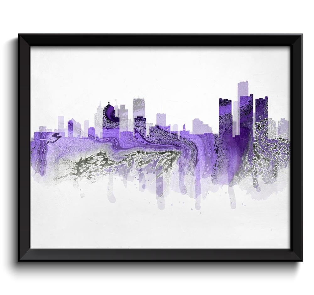 Detroit Purple Grey Gray Skyline Michigan USA United States Cityscape Art Print Poster Watercolor Pa