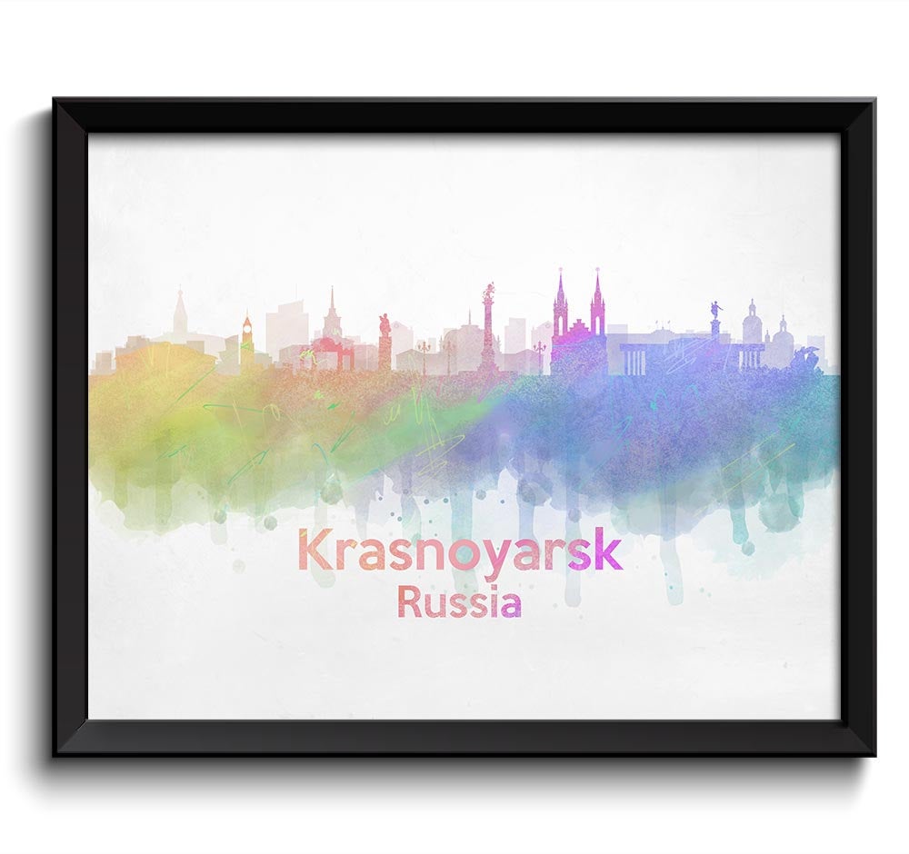 Krasnoyarsk Skyline Russia Cityscape Art Print Poster Watercolor Painting Landscape Rainbow Yellow G