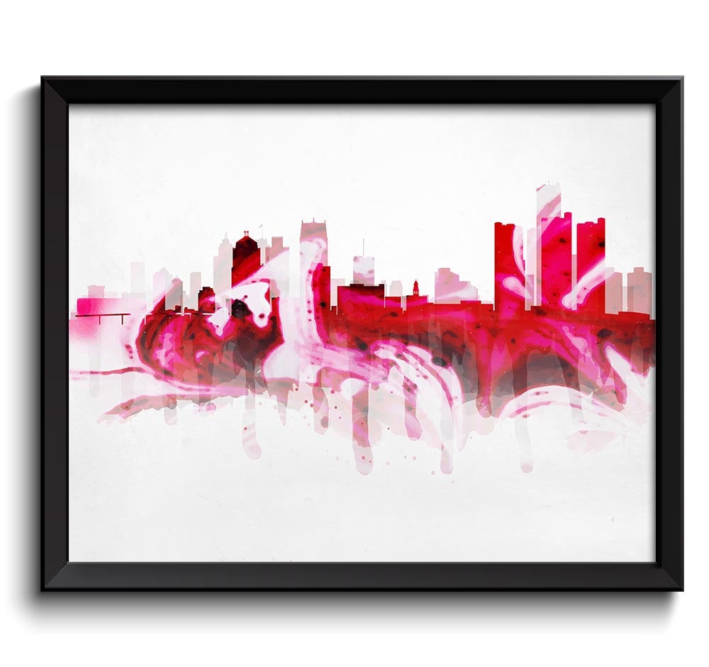 Michigan Red Grey Gray Detroit Skyline USA United States Cityscape Art Print Poster Watercolor Paint