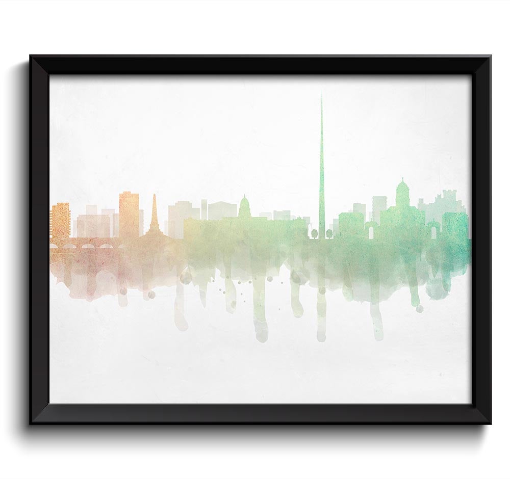 Pastel Peach Mint Green Dublin Skyline Ireland Europe Cityscape Art Print Poster Watercolor Painting