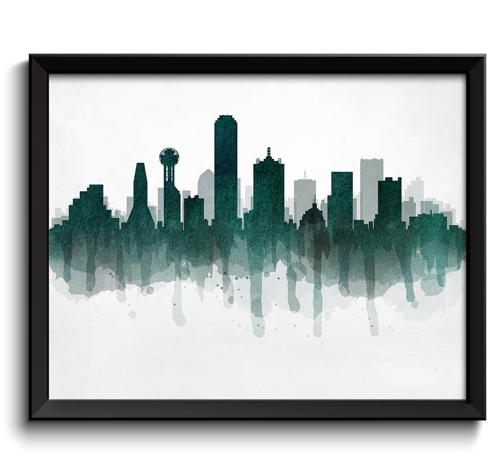 Texas Emerald Green Dallas Skyline USA United States Cityscape Art Print Poster Watercolor Painting