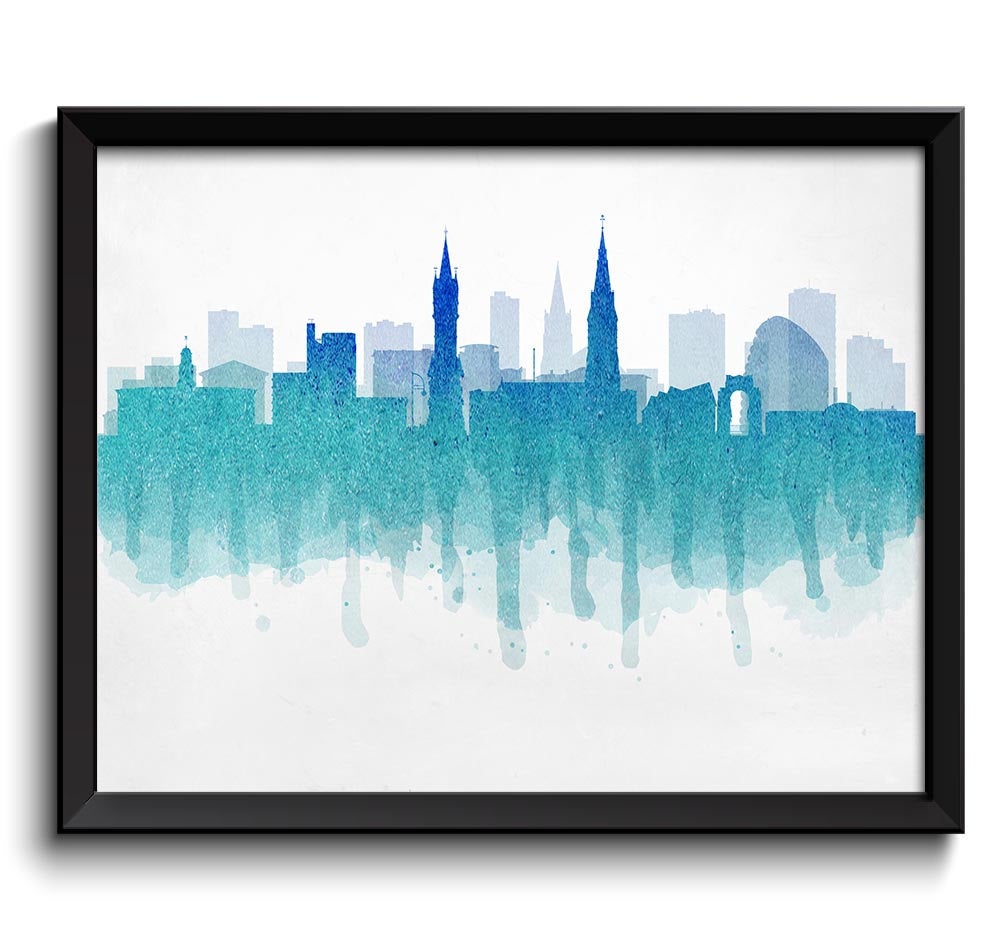 Blue Teal Turquoise Leicester Skyline England Europe Cityscape Art Print Poster Watercolor Painting 