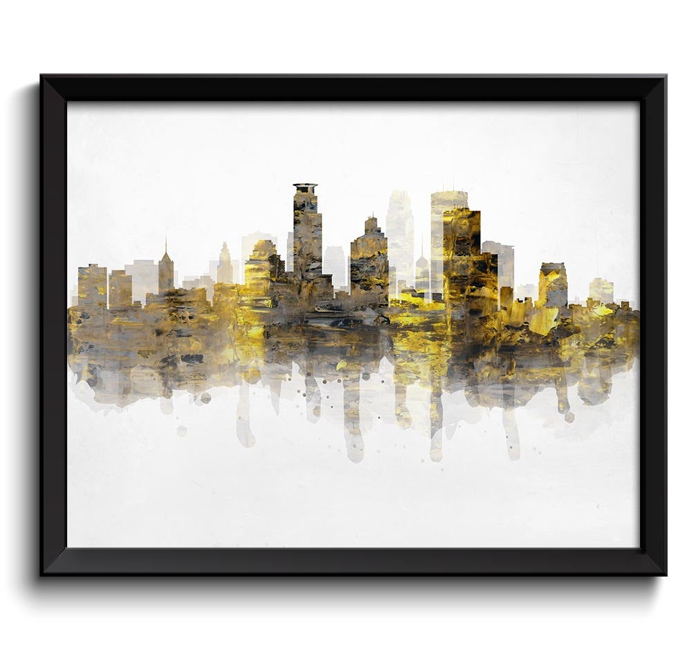 Minneapolis Yellow Grey Black Skyline Minnesota USA United States Cityscape Art Print Poster Gray Wa