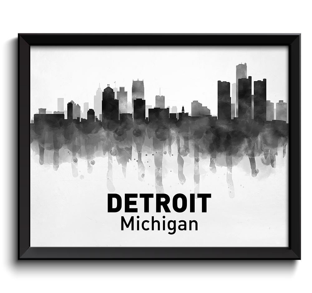 Detroit Skyline Michigan USA United States Cityscape Art Print Poster Black White Grey Watercolor Pa