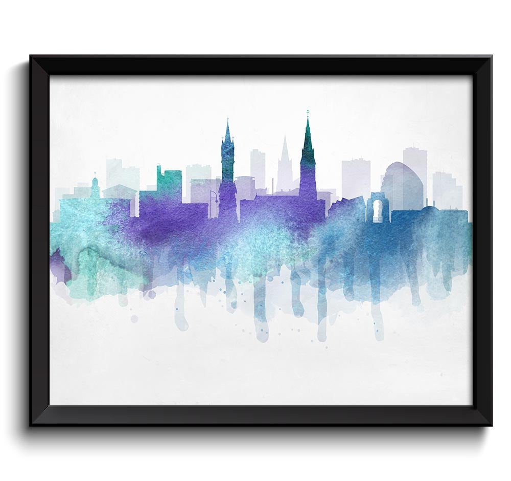 Teal Turquoise Blue Purple Leicester Skyline England Europe Cityscape Art Print Poster Watercolor Pa