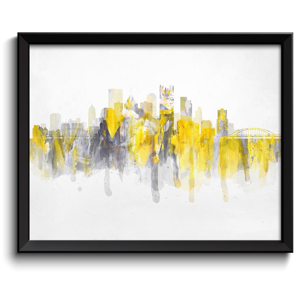 Pittsburgh Yellow Grey Skyline Pennsylvania USA United States Cityscape Art Print Poster Gray Waterc