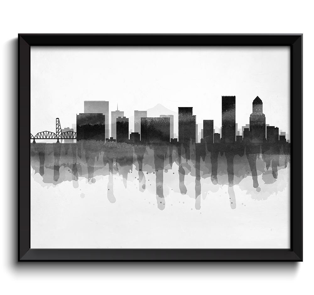 Portland Black White Grey Skyline Oregon USA United States Cityscape Art Print Poster Watercolor Pai