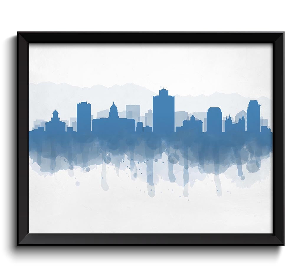 Salt Lake City Steel Blue Skyline Utah USA United States Cityscape Art Print Poster Watercolor Paint