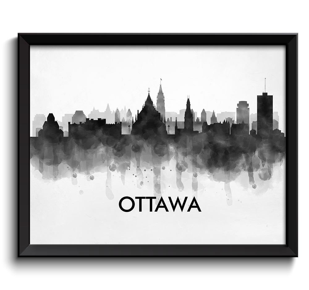 Ottawa Black White Grey Skyline Ontario Canada City Name Cityscape Art Print Poster Watercolor Paint